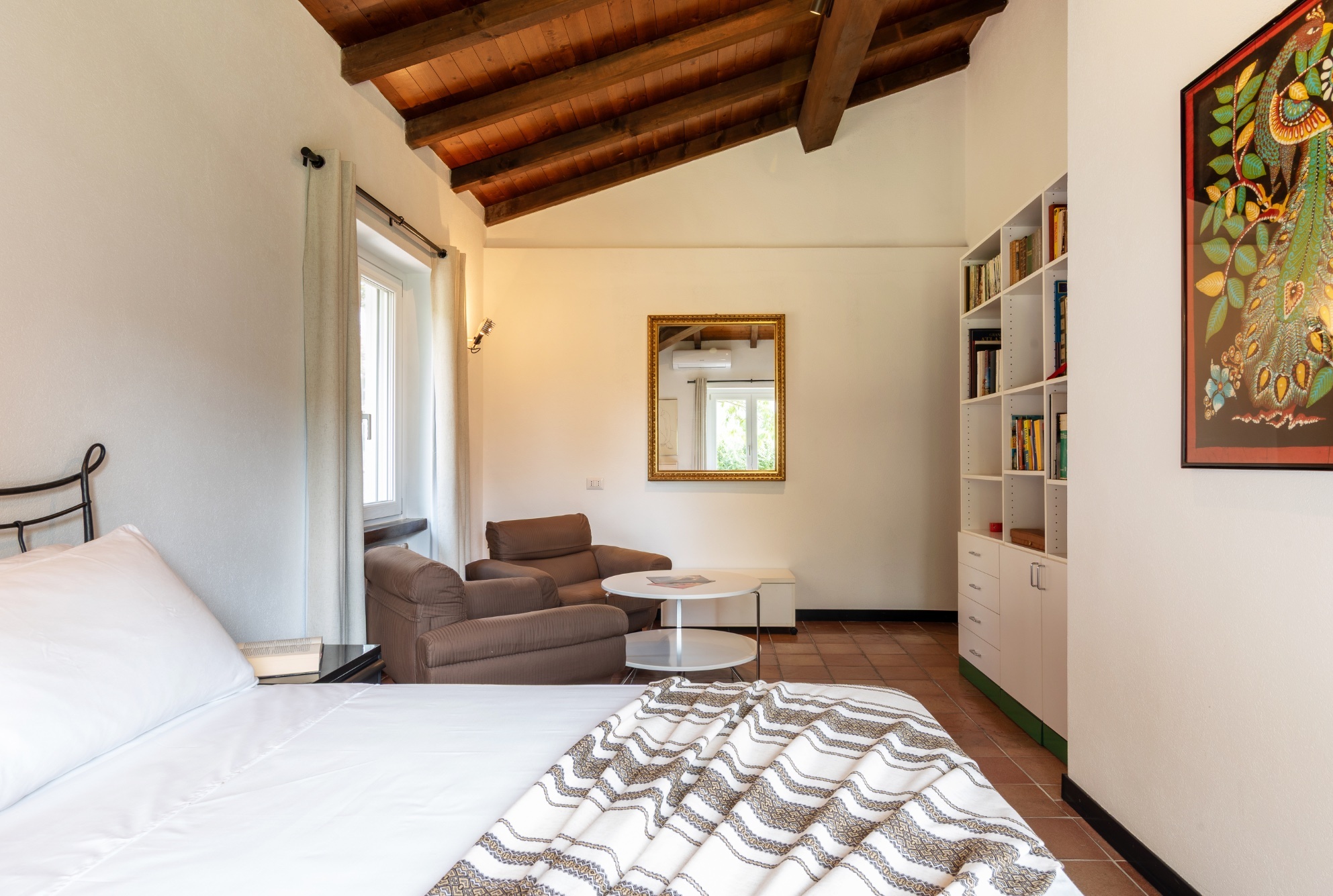 The library bedroom — across to the sitting area, the peacock