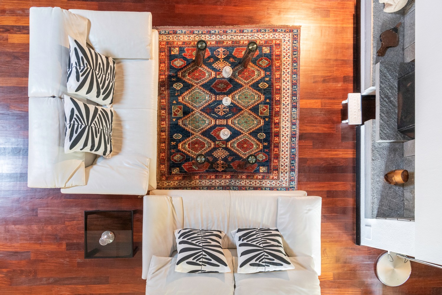 The fireplace seating from above